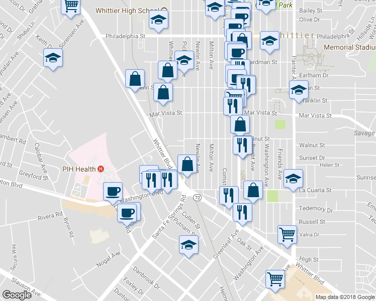 map of restaurants, bars, coffee shops, grocery stores, and more near 7726 Pickering Avenue in Whittier