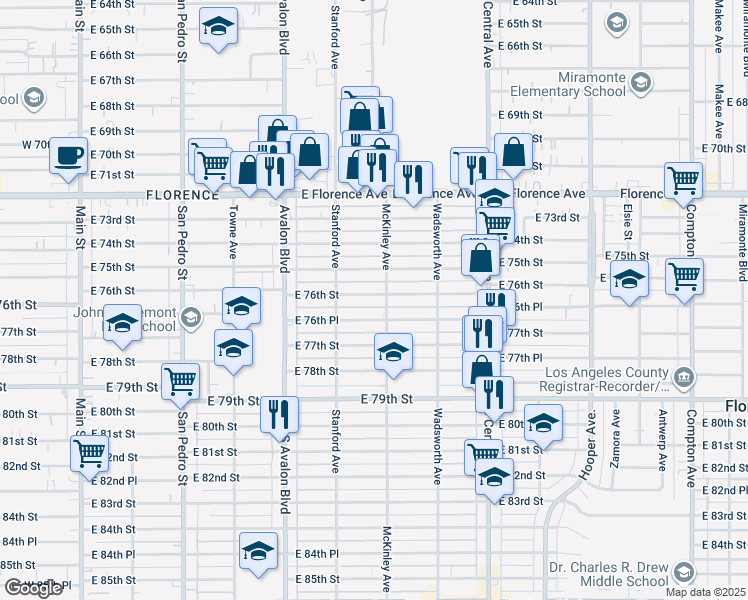 map of restaurants, bars, coffee shops, grocery stores, and more near 746 1/2 East 76th Street in Los Angeles