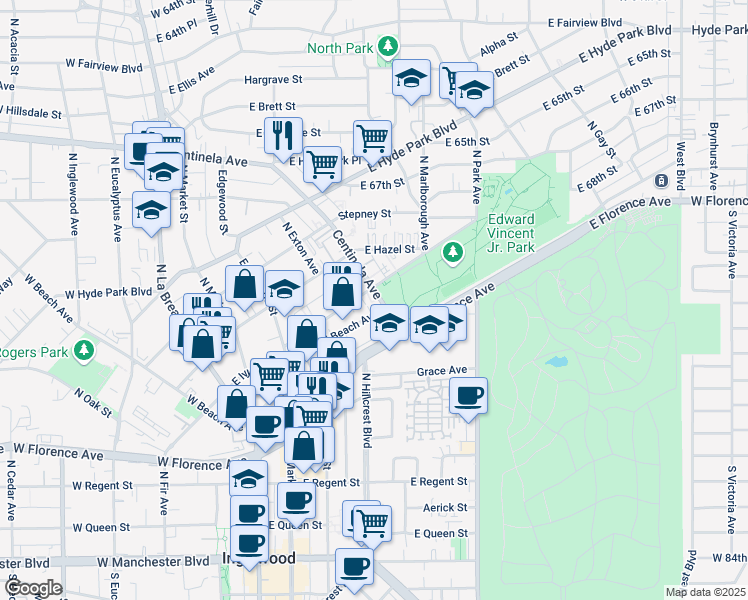 map of restaurants, bars, coffee shops, grocery stores, and more near 335 Centinela Avenue in Inglewood