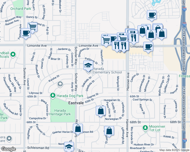 map of restaurants, bars, coffee shops, grocery stores, and more near 12851 Oakdale Street in Corona