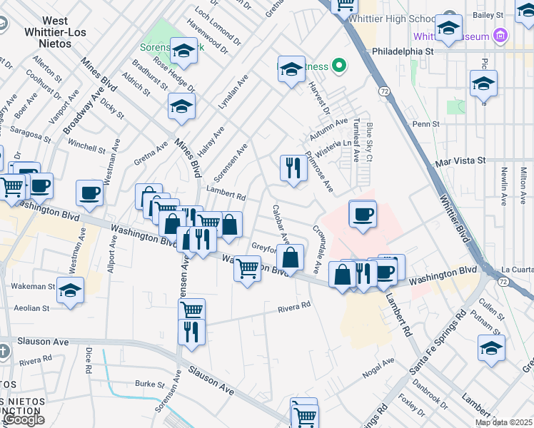 map of restaurants, bars, coffee shops, grocery stores, and more near 12013 Blanding Street in Whittier