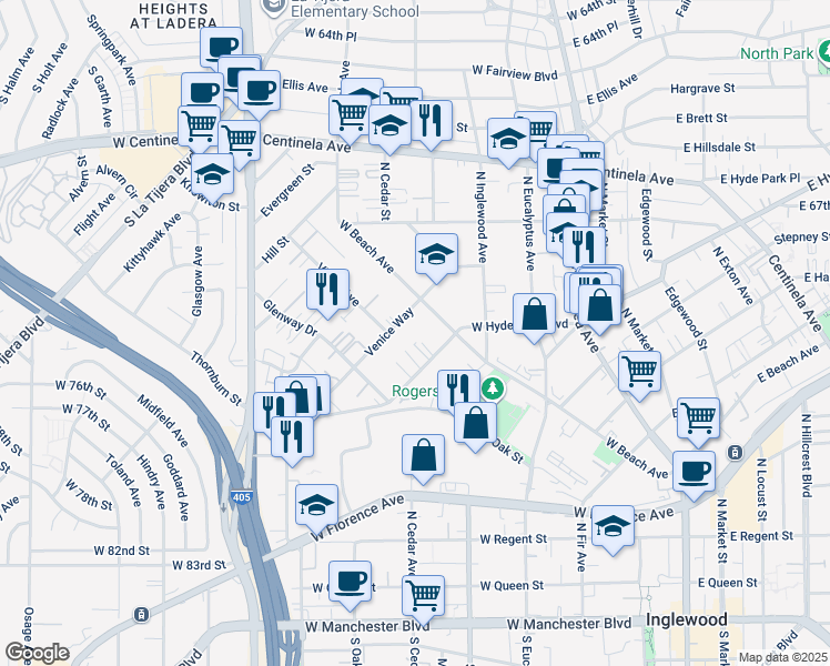 map of restaurants, bars, coffee shops, grocery stores, and more near 524 Venice Way in Inglewood