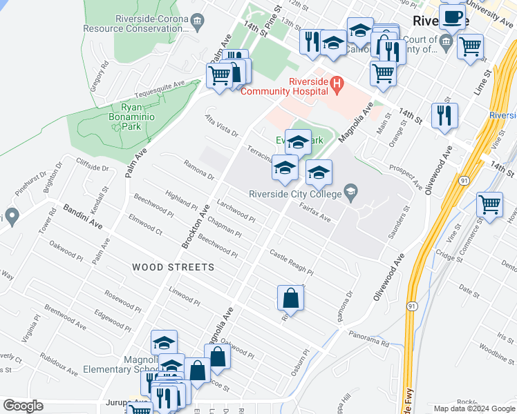 map of restaurants, bars, coffee shops, grocery stores, and more near 3908 Ramona Drive in Riverside