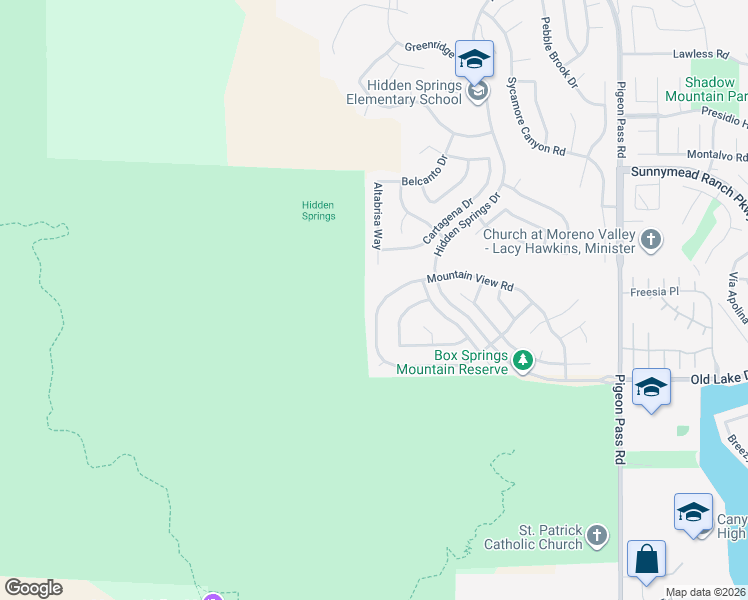 map of restaurants, bars, coffee shops, grocery stores, and more near 22455 Mountain View Road in Moreno Valley