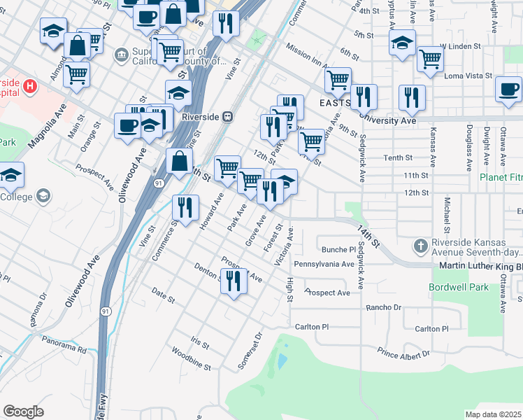 map of restaurants, bars, coffee shops, grocery stores, and more near 4438 Grove Avenue in Riverside