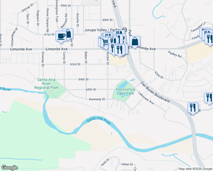 map of restaurants, bars, coffee shops, grocery stores, and more near 6508 Archer Street in Riverside