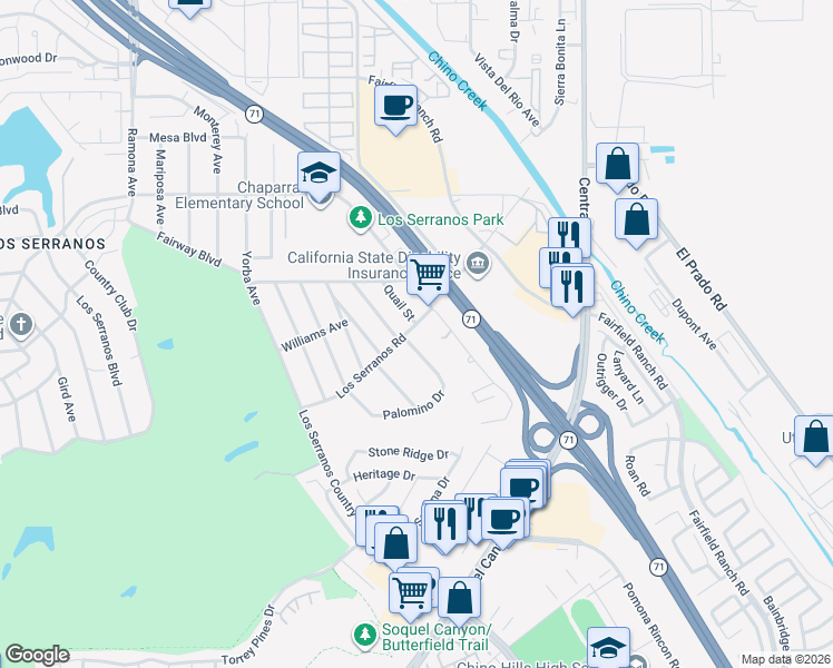 map of restaurants, bars, coffee shops, grocery stores, and more near 15566 Palomino Drive in Chino Hills