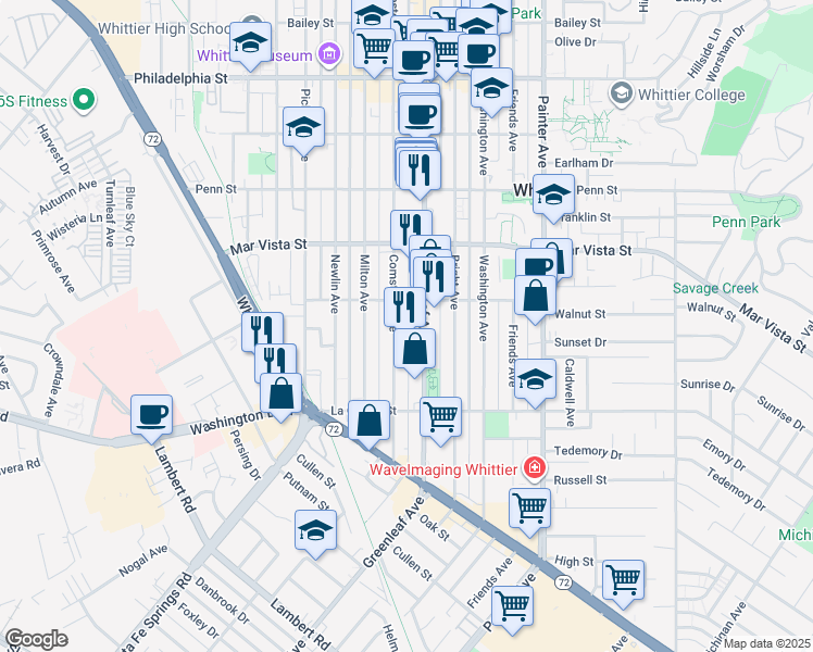 map of restaurants, bars, coffee shops, grocery stores, and more near 7755 Greenleaf Avenue in Whittier