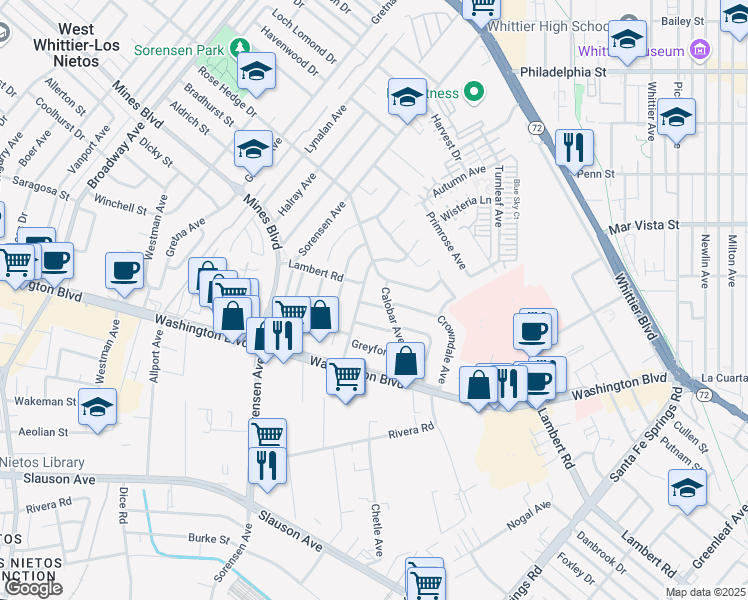 map of restaurants, bars, coffee shops, grocery stores, and more near 12013 Blanding Street in Whittier
