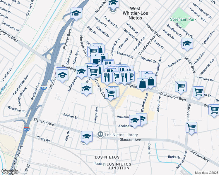 map of restaurants, bars, coffee shops, grocery stores, and more near 8121 Broadway in Whittier
