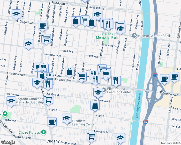 map of restaurants, bars, coffee shops, grocery stores, and more near 4937 Weik Avenue in Bell