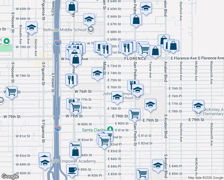 map of restaurants, bars, coffee shops, grocery stores, and more near 7626 South Main Street in Los Angeles