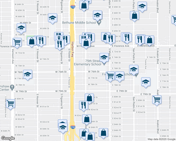 map of restaurants, bars, coffee shops, grocery stores, and more near 7612 South Broadway in Los Angeles