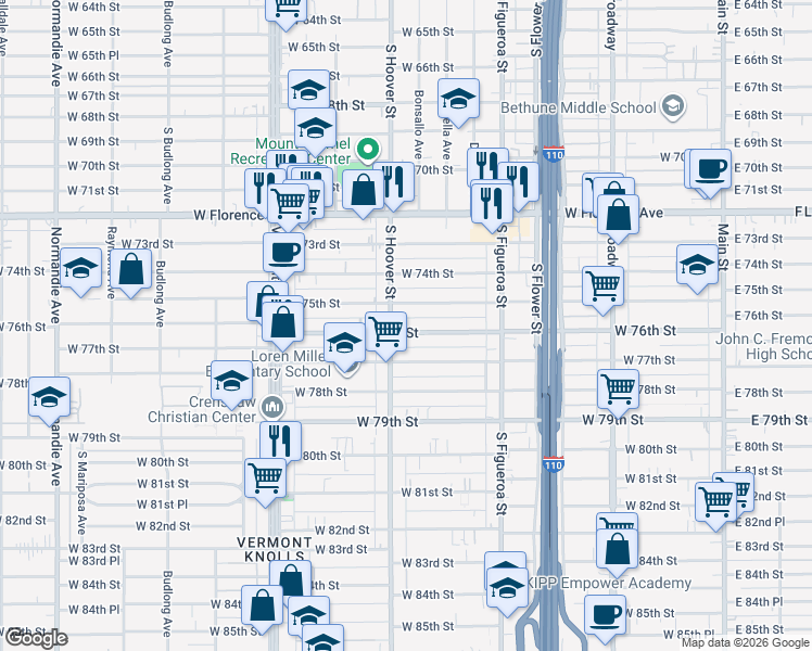 map of restaurants, bars, coffee shops, grocery stores, and more near 7602 South Hoover Street in Los Angeles
