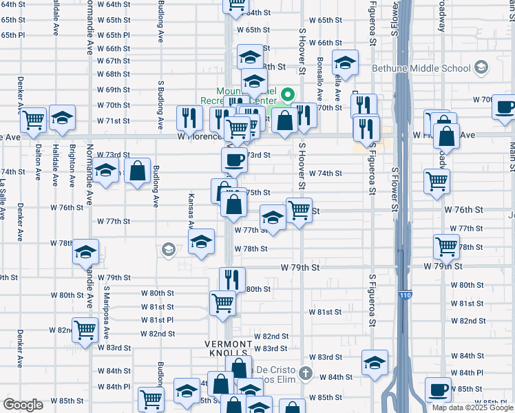 map of restaurants, bars, coffee shops, grocery stores, and more near 920 West 76th Street in Los Angeles
