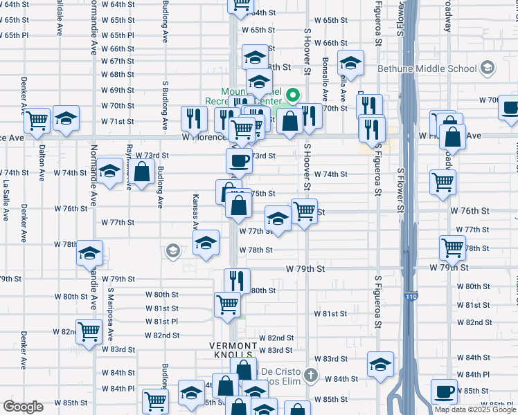 map of restaurants, bars, coffee shops, grocery stores, and more near 920 West 76th Street in Los Angeles