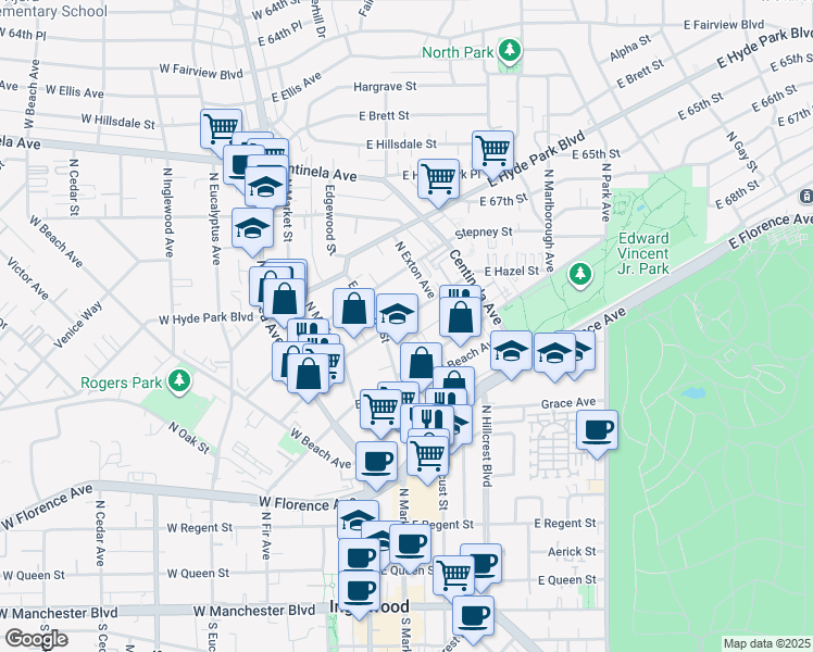 map of restaurants, bars, coffee shops, grocery stores, and more near 318 East Hazel Street in Inglewood