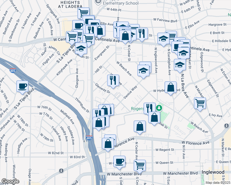 map of restaurants, bars, coffee shops, grocery stores, and more near 815 Glenway Drive in Inglewood