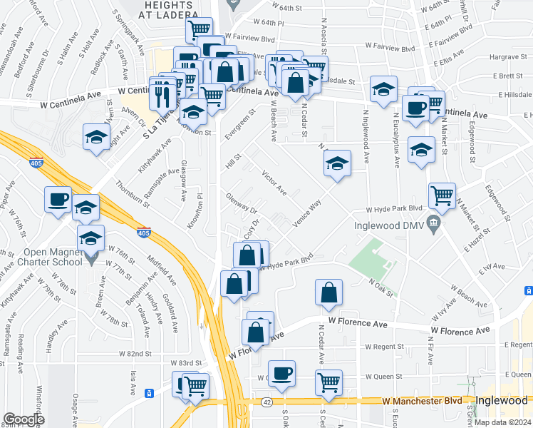 map of restaurants, bars, coffee shops, grocery stores, and more near 710 Cory Drive in Inglewood