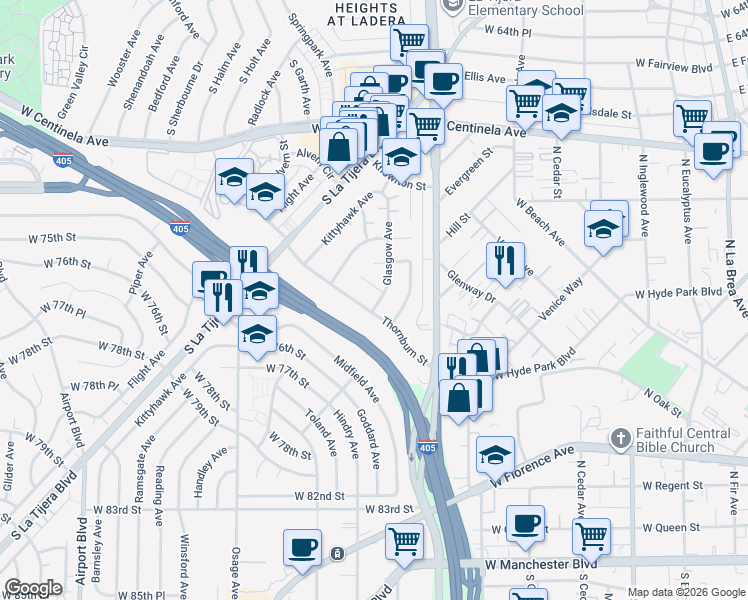 map of restaurants, bars, coffee shops, grocery stores, and more near 5283 Thornburn Street in Los Angeles