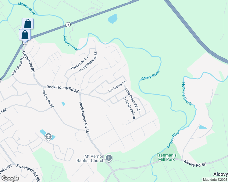 map of restaurants, bars, coffee shops, grocery stores, and more near 1422 Alcovy Falls Drive Southeast in Lawrenceville