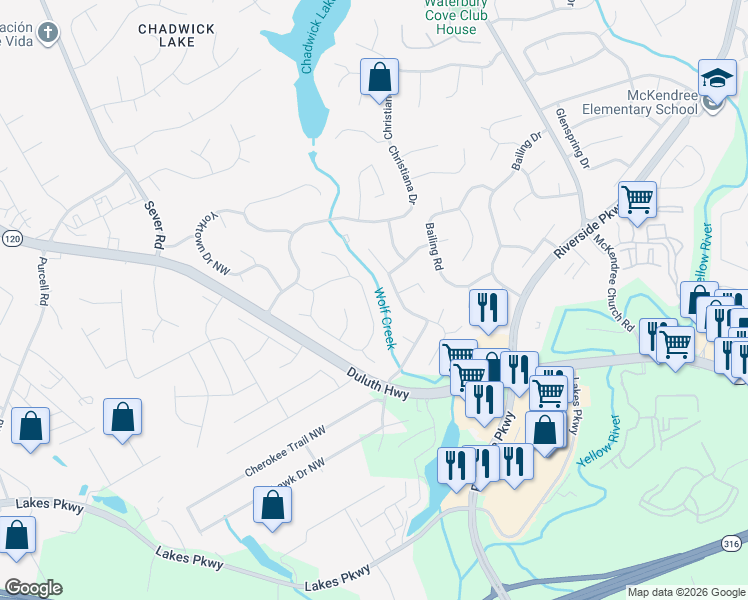 map of restaurants, bars, coffee shops, grocery stores, and more near 1231 Raleigh Court in Lawrenceville