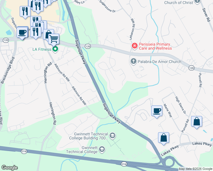 map of restaurants, bars, coffee shops, grocery stores, and more near 1500 Margate Court Northwest in Lawrenceville