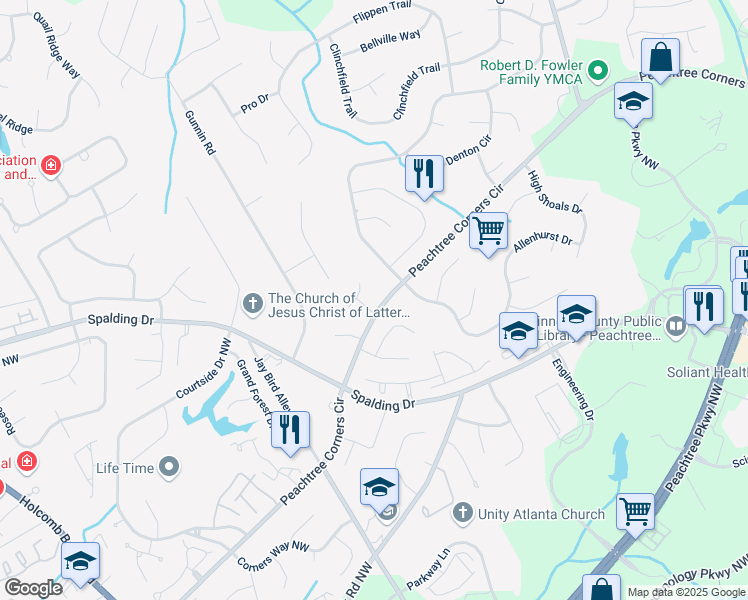 map of restaurants, bars, coffee shops, grocery stores, and more near 3875 Grizzard Trail in Peachtree Corners