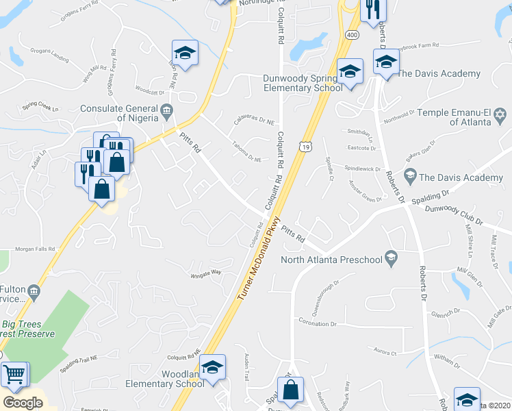 map of restaurants, bars, coffee shops, grocery stores, and more near 1148 Pitts Road in Atlanta