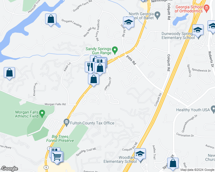 map of restaurants, bars, coffee shops, grocery stores, and more near 612 Hampton Drive in Sandy Springs