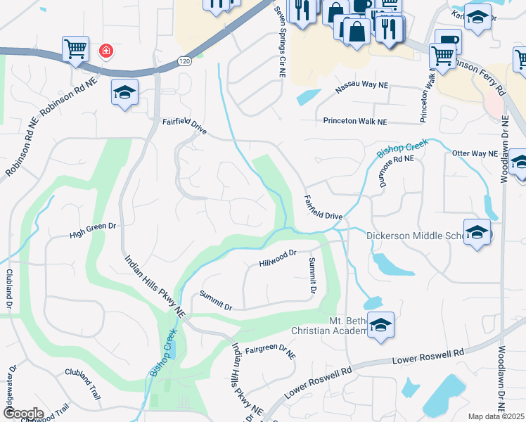 map of restaurants, bars, coffee shops, grocery stores, and more near 4096 Audubon Drive in Marietta