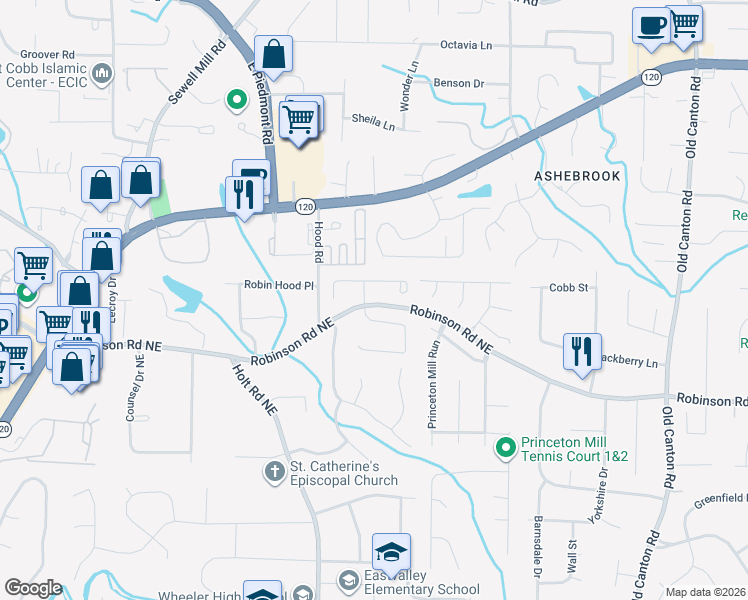 map of restaurants, bars, coffee shops, grocery stores, and more near 902 Weddington Place Northeast in Marietta