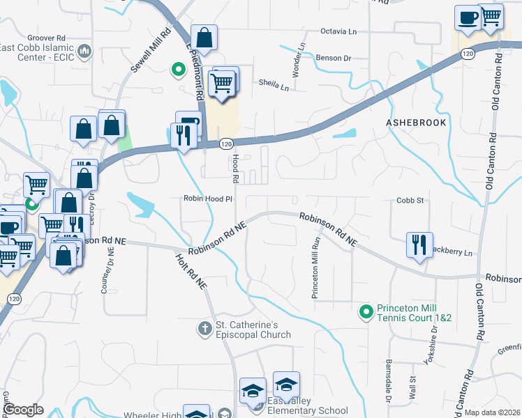 map of restaurants, bars, coffee shops, grocery stores, and more near 2684 Weddington Place Northeast in Marietta