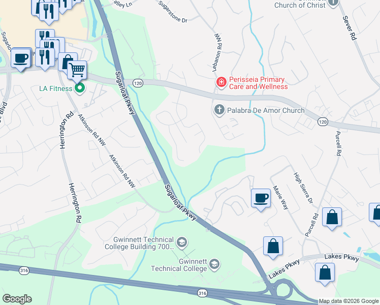 map of restaurants, bars, coffee shops, grocery stores, and more near 1490 Racquet Club Drive Northwest in Lawrenceville