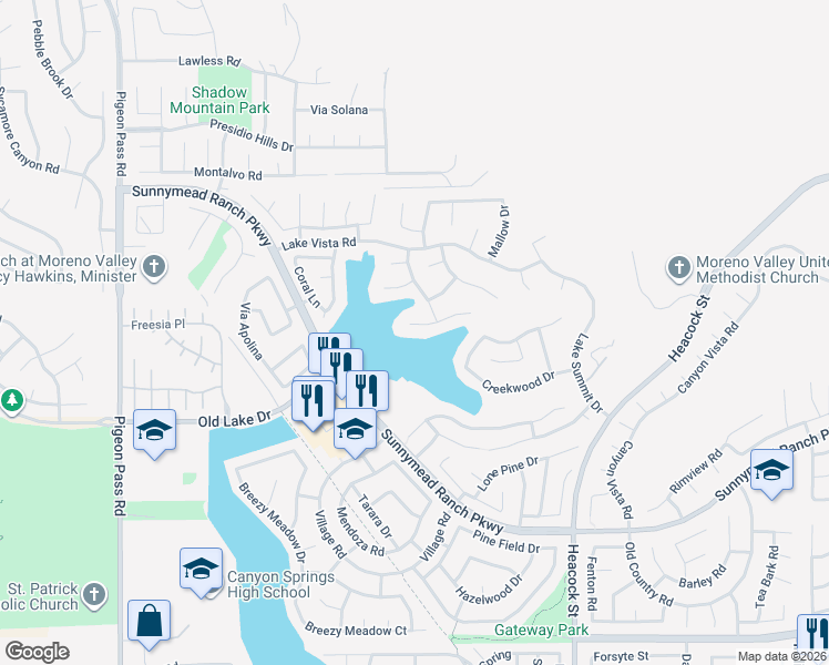 map of restaurants, bars, coffee shops, grocery stores, and more near 23685 Coldwater Court in Moreno Valley