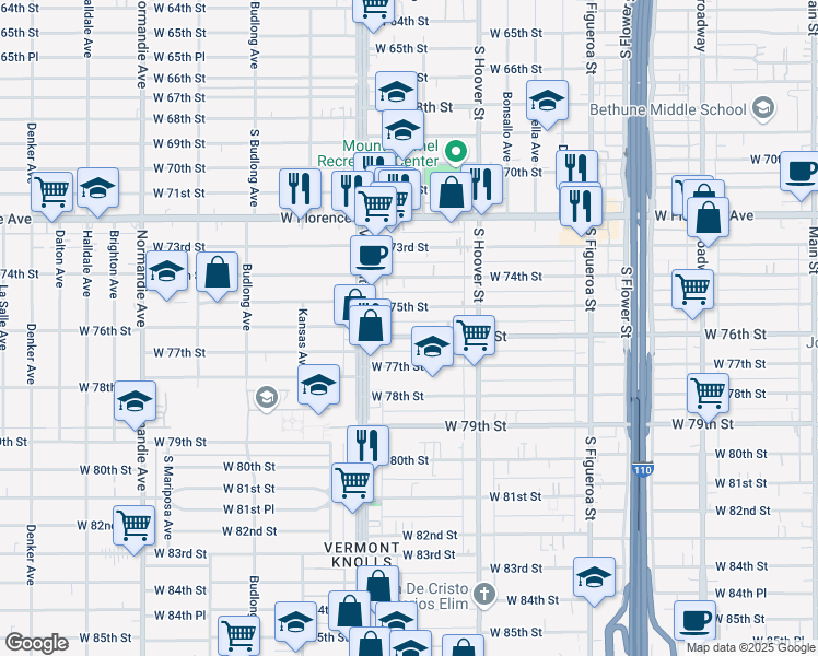 map of restaurants, bars, coffee shops, grocery stores, and more near 920 West 76th Street in Los Angeles