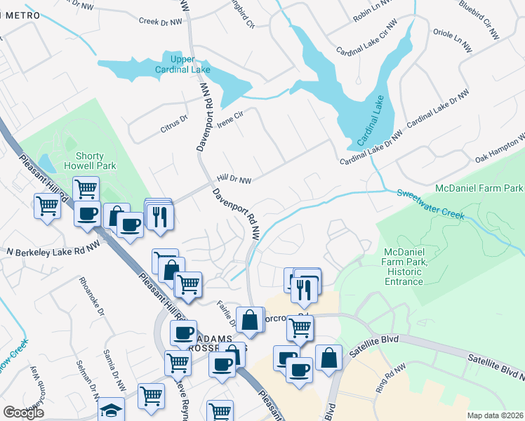 map of restaurants, bars, coffee shops, grocery stores, and more near 3499 Davenport Park Lane in Duluth