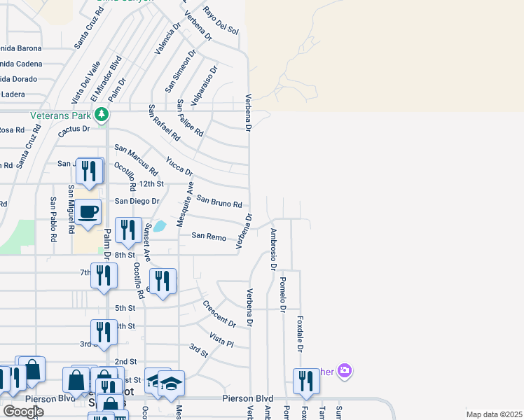 map of restaurants, bars, coffee shops, grocery stores, and more near 10683 Ambrosio Drive in Desert Hot Springs