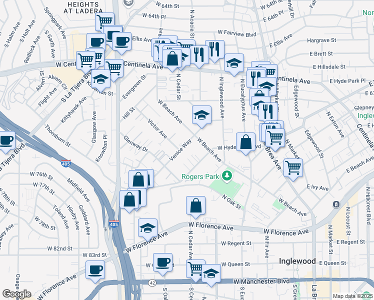 map of restaurants, bars, coffee shops, grocery stores, and more near 530 Venice Way in Inglewood