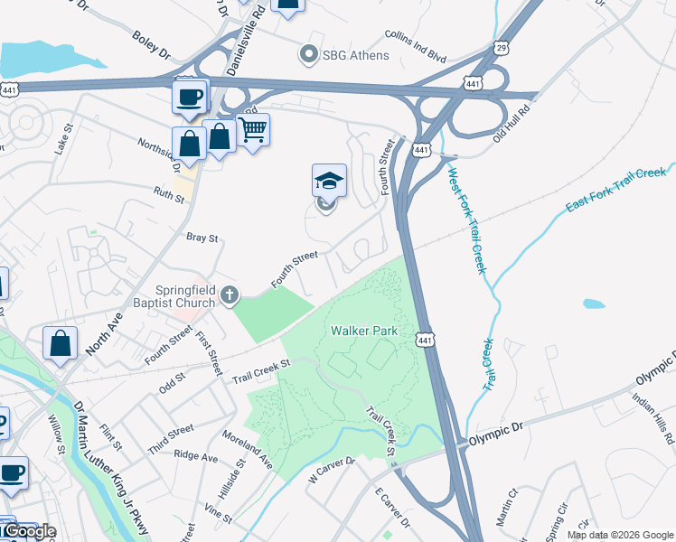 map of restaurants, bars, coffee shops, grocery stores, and more near 700 Fourth Street in Athens