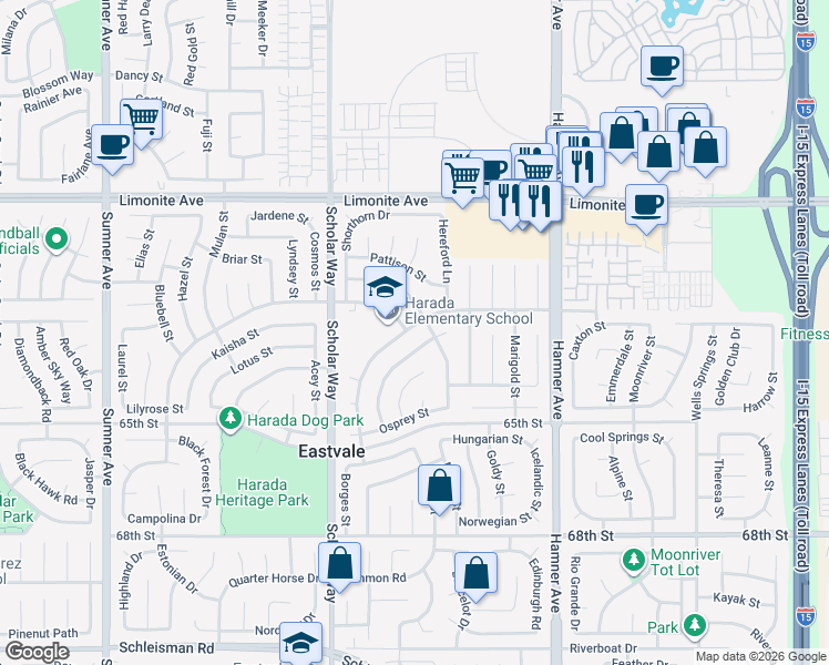 map of restaurants, bars, coffee shops, grocery stores, and more near 12851 Oakdale Street in Corona