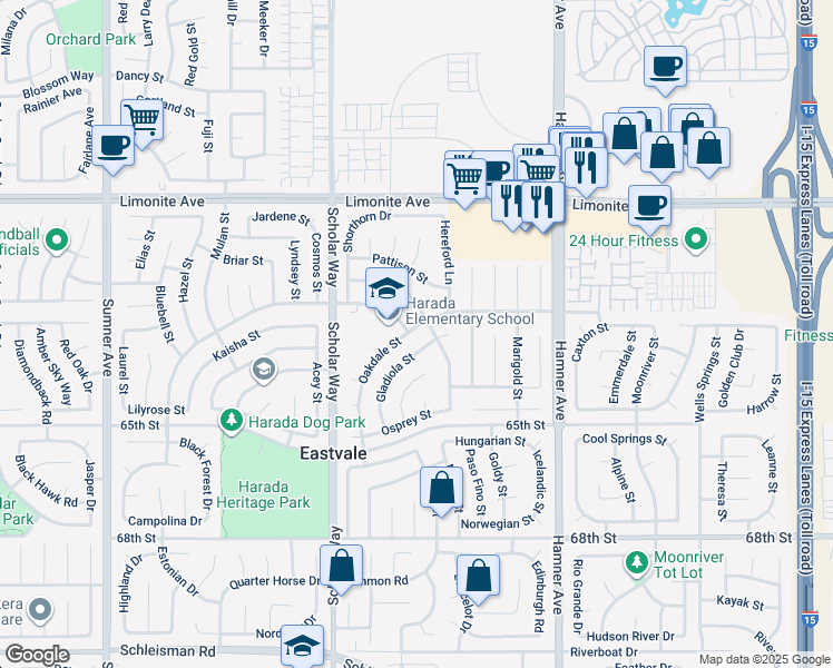 map of restaurants, bars, coffee shops, grocery stores, and more near 12851 Oakdale Street in Corona