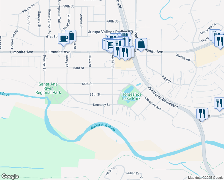 map of restaurants, bars, coffee shops, grocery stores, and more near 6465 Archer Street in Riverside