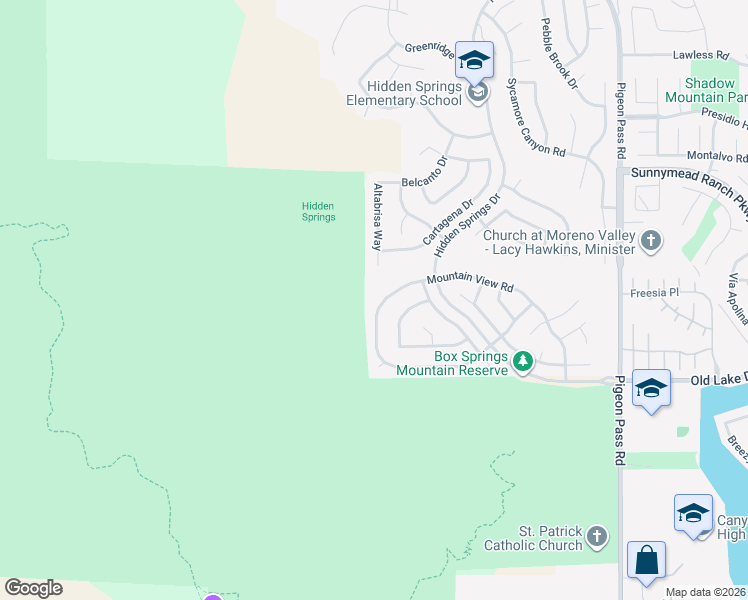 map of restaurants, bars, coffee shops, grocery stores, and more near 22455 Mountain View Road in Moreno Valley
