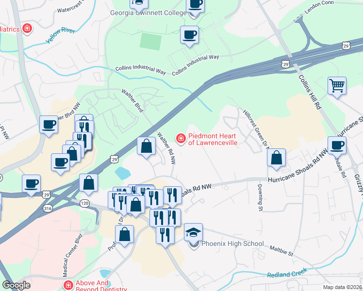 map of restaurants, bars, coffee shops, grocery stores, and more near 766 Walther Road Northwest in Lawrenceville