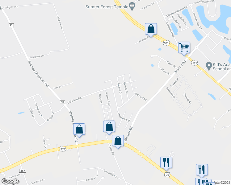 map of restaurants, bars, coffee shops, grocery stores, and more near 1773 Mossberg Drive in Sumter