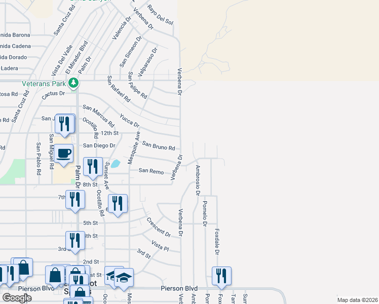 map of restaurants, bars, coffee shops, grocery stores, and more near 10683 Ambrosio Drive in Desert Hot Springs