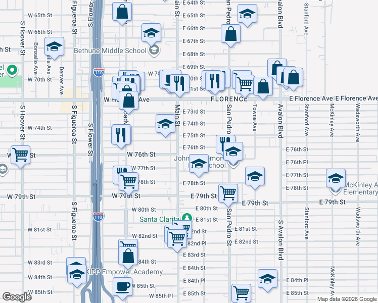 map of restaurants, bars, coffee shops, grocery stores, and more near 124 East 76th Street in Los Angeles