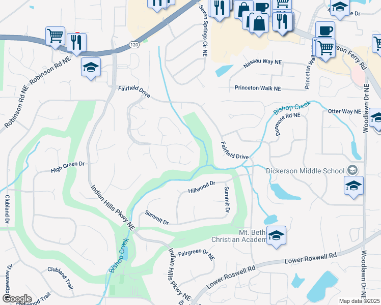map of restaurants, bars, coffee shops, grocery stores, and more near 4096 Audubon Drive in Marietta