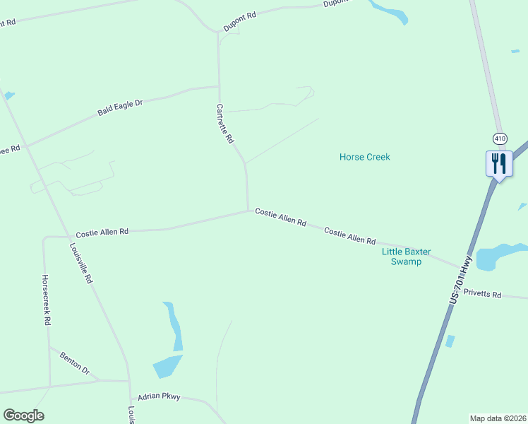 map of restaurants, bars, coffee shops, grocery stores, and more near Costie Allen Road in Aynor